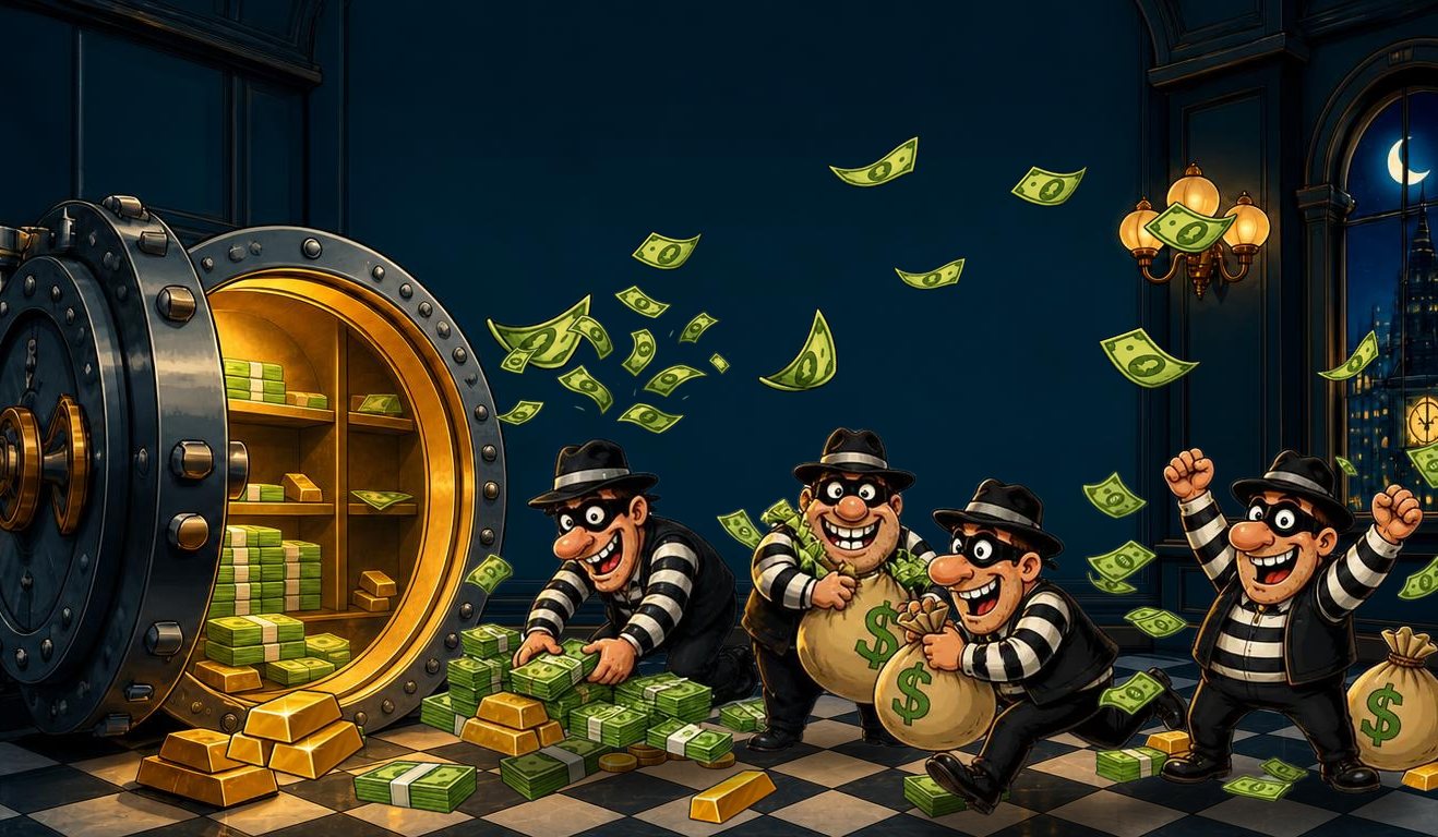 Bank Job: four robbers with money bags in front of an open bank vault